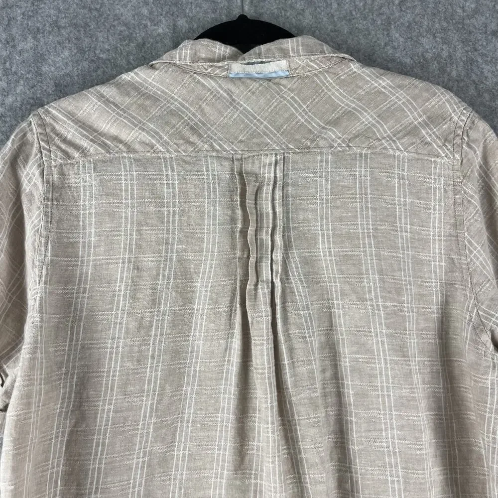Tommy Bahama Linen Top Womens Medium Beige Plaid Short Sleeve Coastal Beachy - Picture 9 of 12